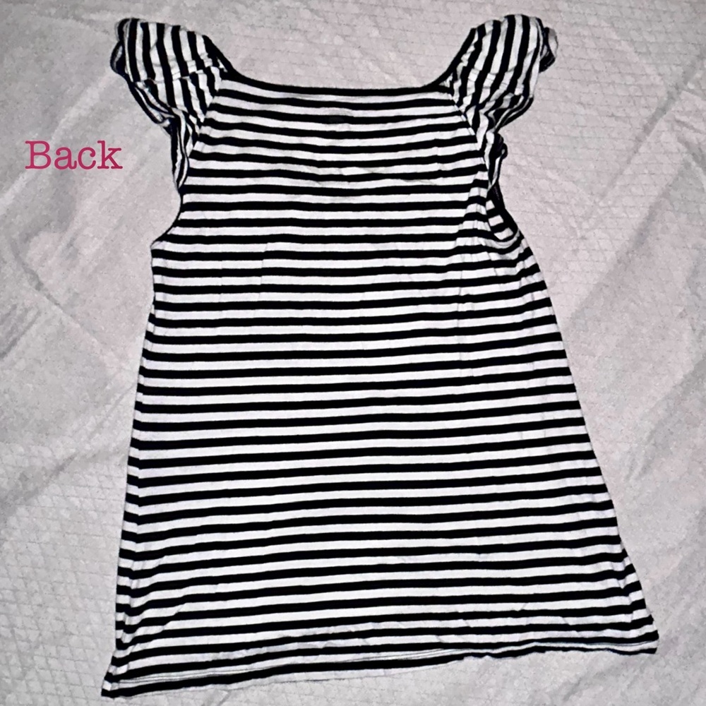 Y2K Black & White Striped Top Flowy Short Flutter Sleeve Blouse V-Neck Chic M - Picture 7 of 8